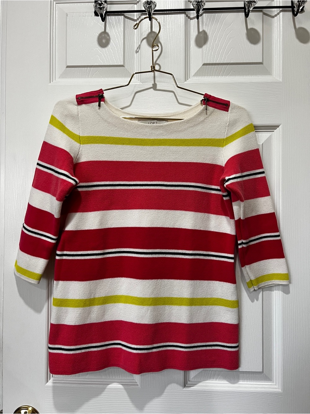 Ann Taylor Loft Striped Knit Sweater Boat Neck Size Small Petite Pink White
